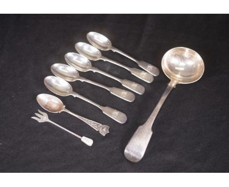 Set five George V sterling silver teaspoons London 1912, maker Wakely &amp; Wheeler, each monogrammed; together with a Willia