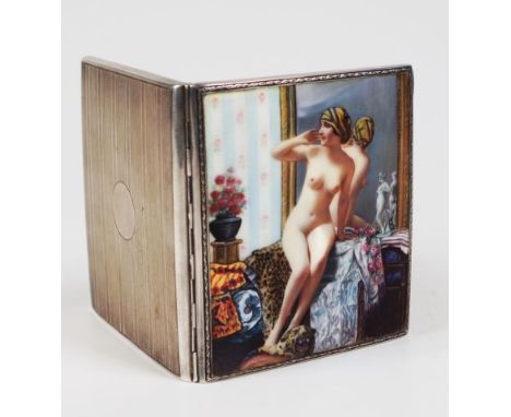 Continental sterling silver &amp;enamel cigarette case circa 1925, the cover depicting a nude lady seated on various throws a