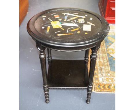 Good Italian Pietra Dura occasional table with interesting inlaid pietra dura decoration of a quill maker's work bench, on ci