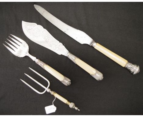 Vintage pair silver plate &amp; ivory fish servers each with engraved decoration to blade and tines, embossed finials to ivor