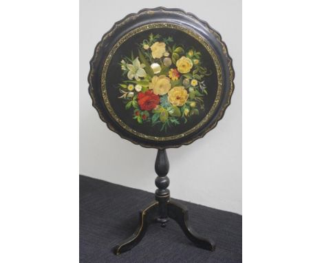 Victorian papier mache occasional table with Japanned finish, mother of pearl inlaid and painted tilt top, supported by a tri