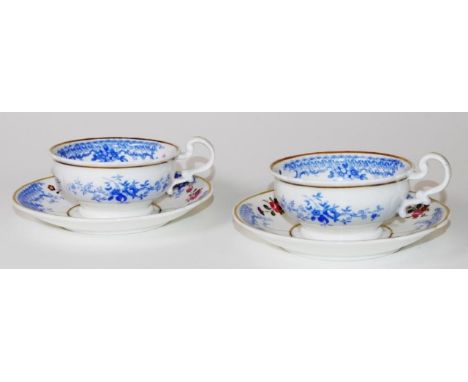 Pair antique Ridgeway cups and saucers hand painted floral decoration, with blue lace decorated borders, design mark to base 