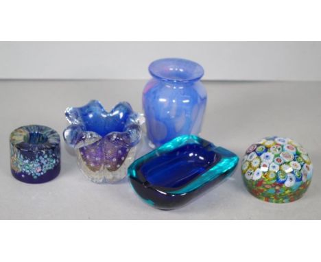 Five studio glass candleholders, vase, ashtray and a Millefiori paperweight (7cm diameter approx), the blue vase 9cm high app