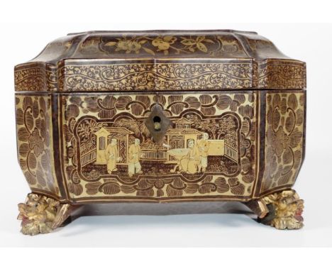 Antique Chinoiserie tea caddy on 4 dragon head feet &amp; with a fitted interior, 21cm x 15cm, 14cm high approx., losses to f