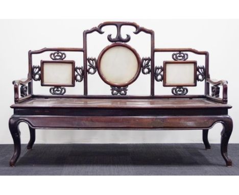 Antique Chinese hardwood bench seat with carved back fitted with 3 marble inserts and carved arm rests, 164cm wide, 57cm deep