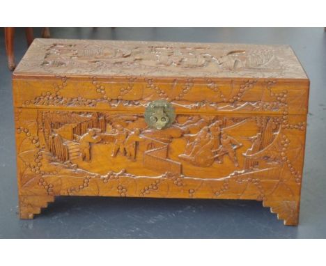 Oriental carved camphorwood trunk 94cm x 45cm, 52cm high approx