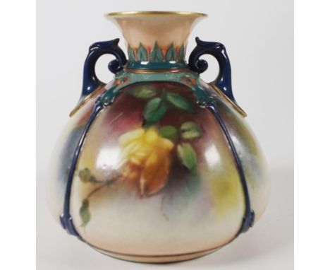 Royal Worcester Hadley twin handle posy vase handpainted with roses / floral decoration, height 8.5cm approx (minor chip to g