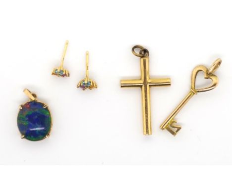 Gold jewellery group includes multi-gem stud earrings, 9ct key charm, a cross and opal doublet pendant. Approx 1.8 grams test