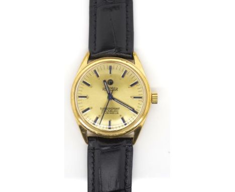 Roamer manual wind watch gold plated steel case, manual wind mechanism. and leather strap. Approx dial width 30mm. Running wh