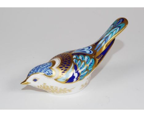 Royal Crown Derby 'Mountain Bluebird' figure paperweight with gold button to base, (height 8cm approx).