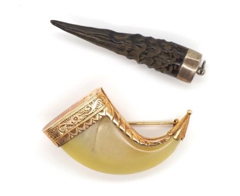Antique tigers claw and gold brooch with well worked bright cut engraving. Unmarked. As well as a silver mounted horn pendant