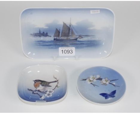 Three various Royal Copenhagen ceramic dishes including Fishing Boat decorated, marked # 2562/9265, (length 21cm approx); and