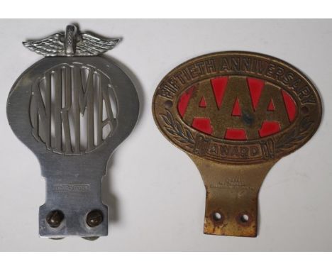 Two 1950's car badges comprising of an NRMA  Angus &amp; Coote badge 15cm high and a 1952 American Automobile Association Fif