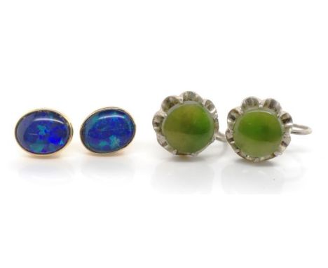 Opal triplet and gold stud earrings marked 375 to butterfly backs. As well as a New Zealand green stone and silver earrings.