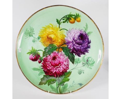 Antique Villeroy &amp; Boch ceramic charger hand painted dahlia decoration, on green ground, (diameter 41.5cm approx).
