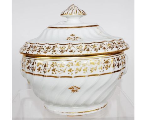Antique English ceramic sugar box gilt leaf decoration, (height 13cm approx).