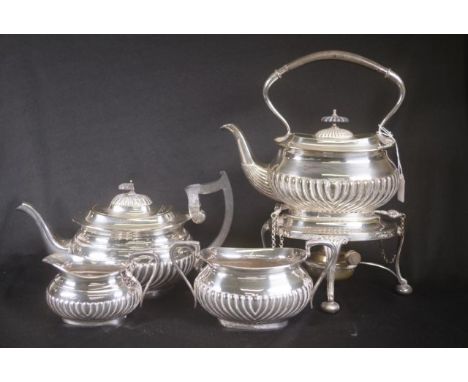 Good four piece silver plate teaset including teapot, kettle on stand with burner, milk jug, and sugar bowl.