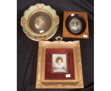 Three decorative framed portrait miniatures including portraits of Elizabeth 1, a Woman in Blue, and Beethoven, ( height 8cm 