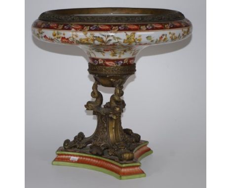 French style ceramic &amp; gilt metal centrepiece with Dolphin decoration, 39cm high, 39cm diameter approx.