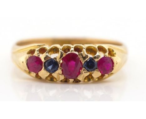 Antique 18ct yellow gold, sapphire and ruby ring marked 18ct  SHC. Approx weight 3.3 grams weight, ring size O