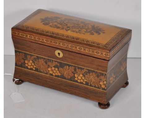 Tunbridge ware tea caddy 19th century, with floral &amp; fruiting vine inlaid decoration, waisted body &amp; bun feet, 21.5cm