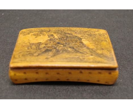 Antique decorated wood snuff box lid with painted hunter figure with his dogs, (length 8cm approx).