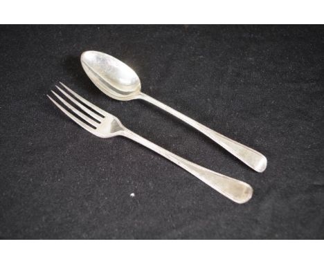 Georgian sterling silver spoon &amp; fork spoon hallmarked for London 1793, and fork of similar design decoration, London 180