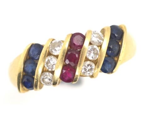 Diamond, ruby, sapphire and 18ct gold ring marked 750, channel set with approx 6x blue sapphire total weight 0.50ct, 6x white