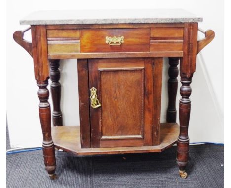 Vintage marble topped bathroom cabinet mottled brown marble to top, over 1 drawer, with single door shelved cabinet below, (h