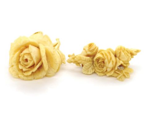 Two well carved Ivory brooches circa 1930s of rose flower form. *One missing it's pin. This item may not be exported.