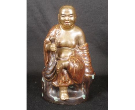 Chinese gilded ceramic Hotei Buddha figure seated figure, character marks to base, (height 20cm approx).