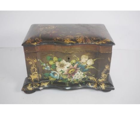 Victorian lacquer tea caddy hand painted blossom decorated, with gilt highlights, on black lacquer ground, interior with 2 la