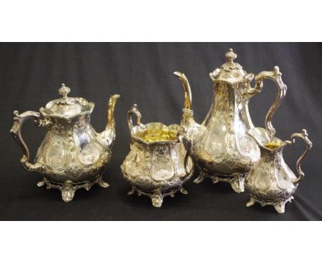 Vintage silver plate four piece coffee/tea set embossed decoration, to coffee pot, (height 26cm approx), teapot, creamer, and