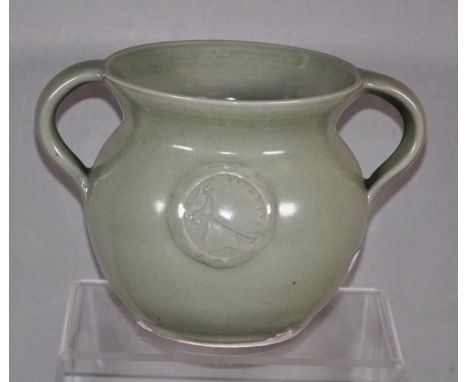 Susie McMeekin (b1954) Australian pottery vase twin handled, light green glaze, impressed studio mark to base, 15cm high appr