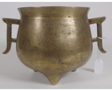 Vintage Chinese bronze censer engraved with scenes of figures in a landscape setting, dual handles, three moulded feet, impre