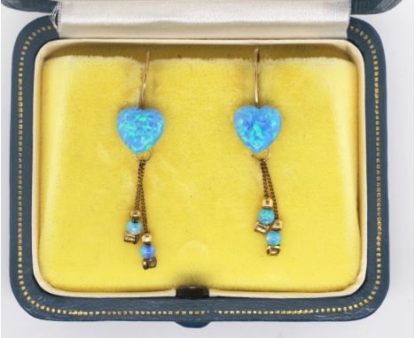 Synthetic Opal and 9ct gold heart earrings with kidney wire backs. Marked 375. In box