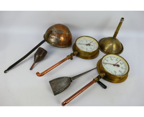 Lot to include two vintage Feet Head Of Water pressure gauges, large ladle and similar.