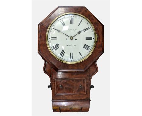 A Victorian mahogany drop dial double fussee wall clock, the 12" enamel dial signed Woodward, Worcester, with pendulum and ke