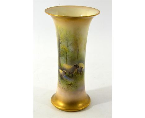A Royal Worcester vase painted with sheep in bluebell woods, signed H Davis, date code for 1924. Height 18.5cm.