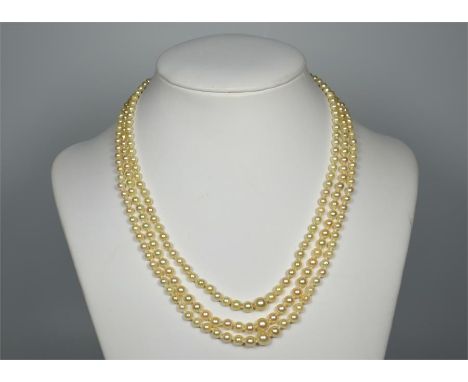 A three row cultured pearl necklace, from approx 3.5mm to 7mm. Knotted onto a white metal clasp. (Thought to be silver).