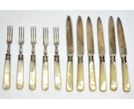 An Edwardian part set of mother of pearl handled, silver collard, fruit knives (6) & forks (5), Yates Brothers 1912. (11)