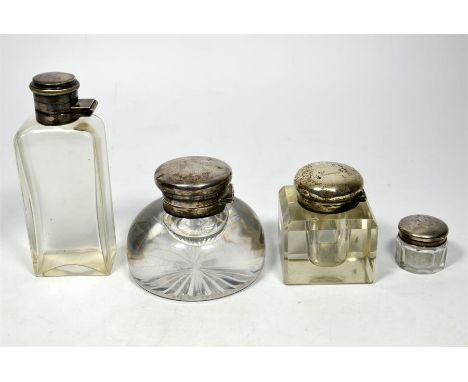 Two silver topped ink wells, largest by C.C. May & Sons, 1888, smaller by Henry Griffith & Sons, 1890. Also two other silver 