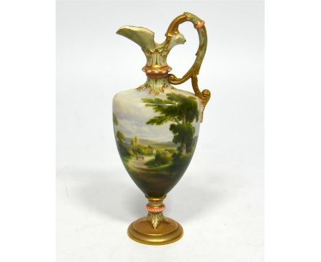 A Royal Worcester ewer, with landscape decoration. Signed H. Davis. Dated 1903. Height 17cm.