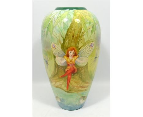 A unique large Marie Graves hand-painted ceramic vase, 'Under the Willow Tree'. Height 35cm.