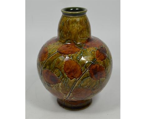 A Doulton Lambeth autumn leaves vase, circa 1910. Height 18cm.