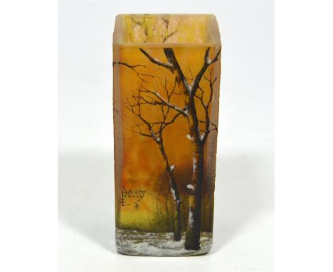 A Daum Nancy enamelled glass vase, of a square form, with winter landscape decoration, circa 1905. Signed to the side. Height