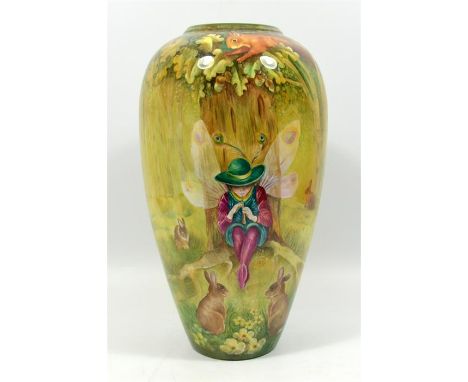 A unique large Marie Graves hand-painted ceramic vase, 'Under the Oak Tree'. Height 35cm