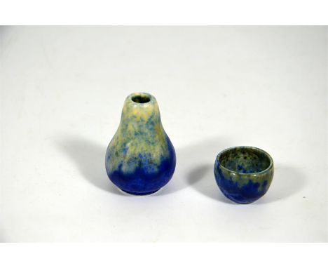 Two Ruskin miniatures. A bowl and a vase with crystallline glaze, circa 1930. Stamped Ruskin. Tallest 4cm. (2)