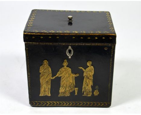A papier mache tea caddy by Henry Clay, decorated with neoclassical scenes, circa 1790. Height 11cm.