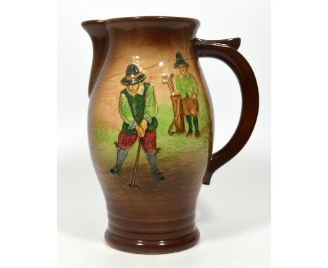 A Royal Doulton Golfing Kingsware jug, decorated with figures playing golf. Makers mark to base, numbered. Height 24cm.